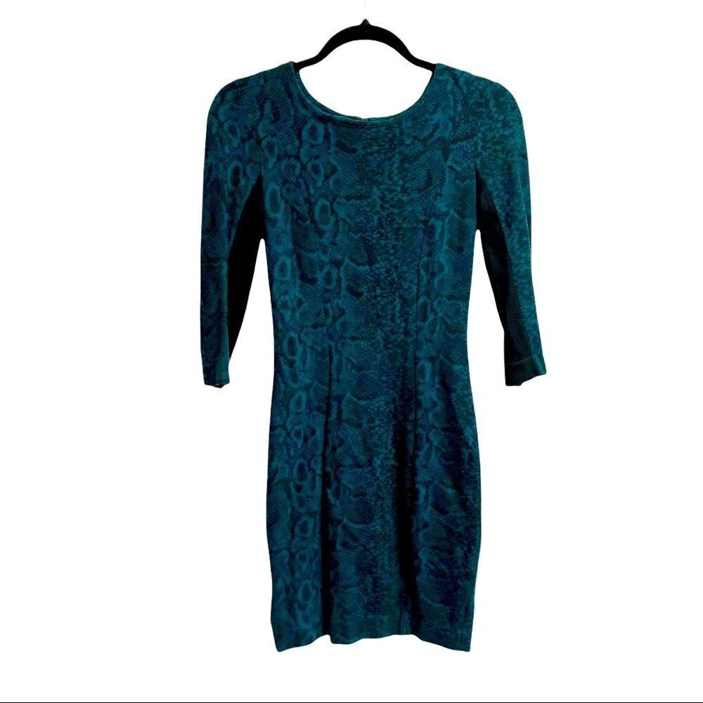 FRENCH CONNECTION Long Sleeve Bodycon Mini Dress Snake Print Blue Green 4